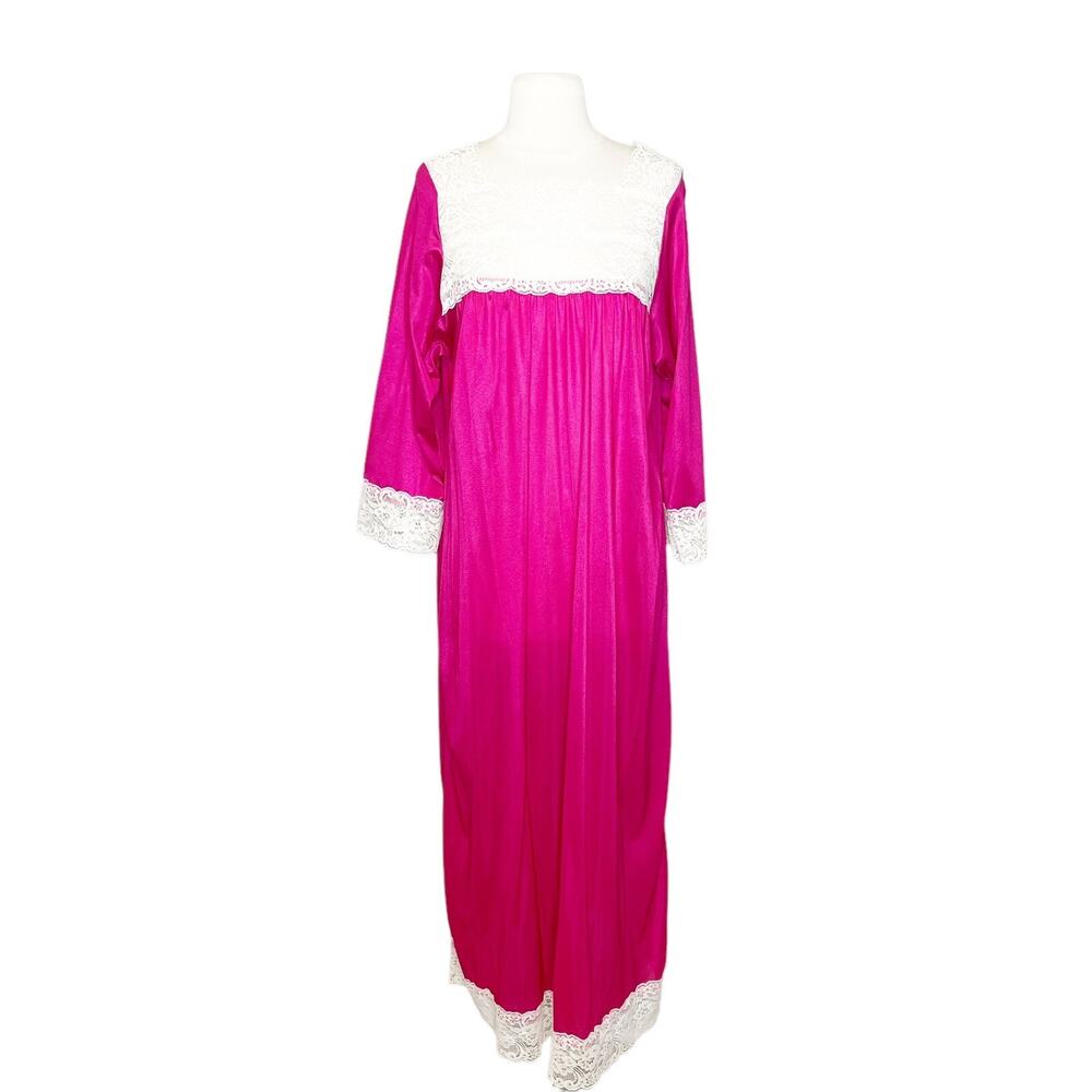 Vintage Jill Andrea M Medium Pink Satin Night Gown Lace Caftan Coquette Dress